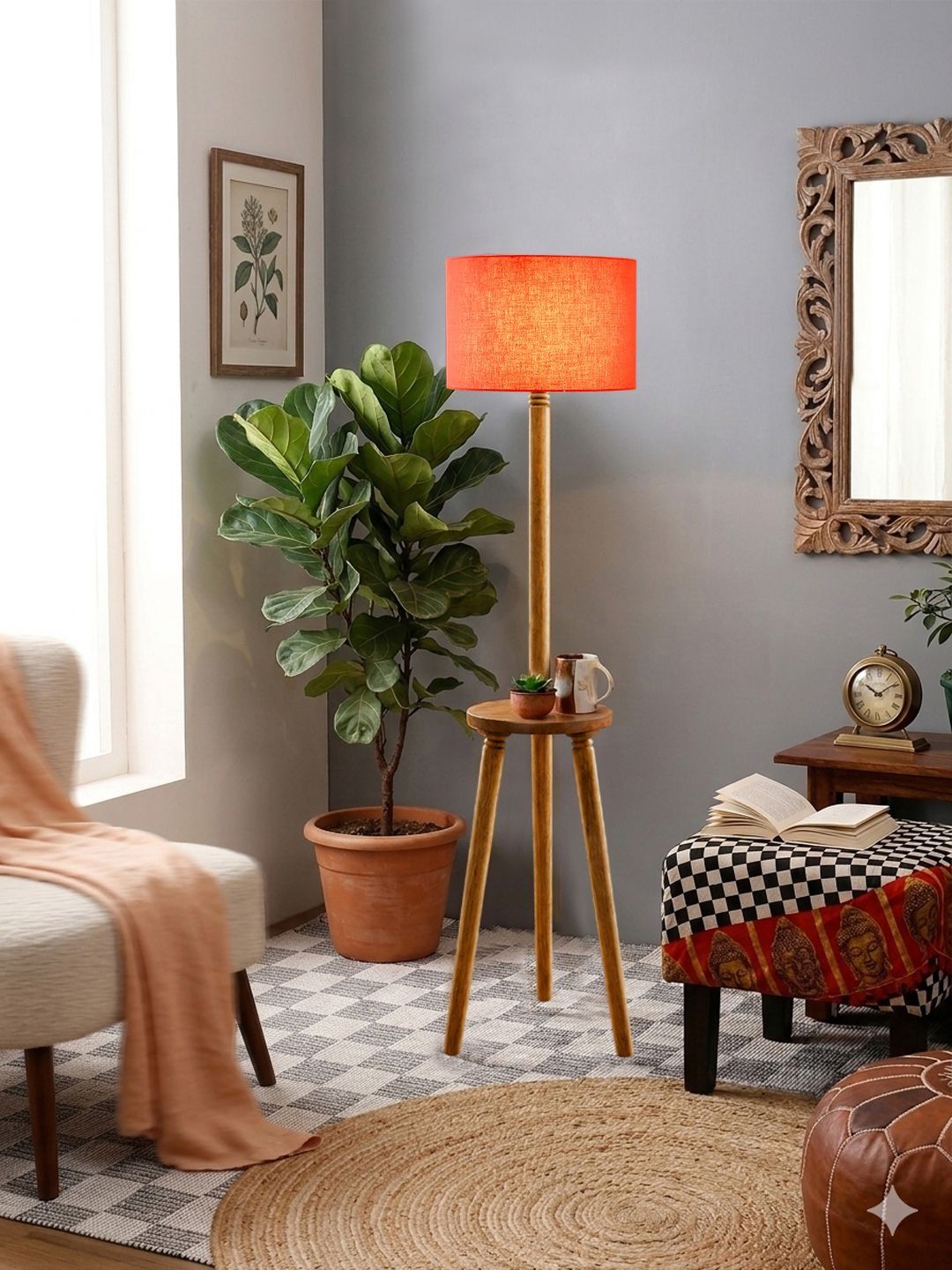 Myntra Elegant Homes Orange-Colored & Beige Textured Wooden Shelf Floor Lamp-picture-30