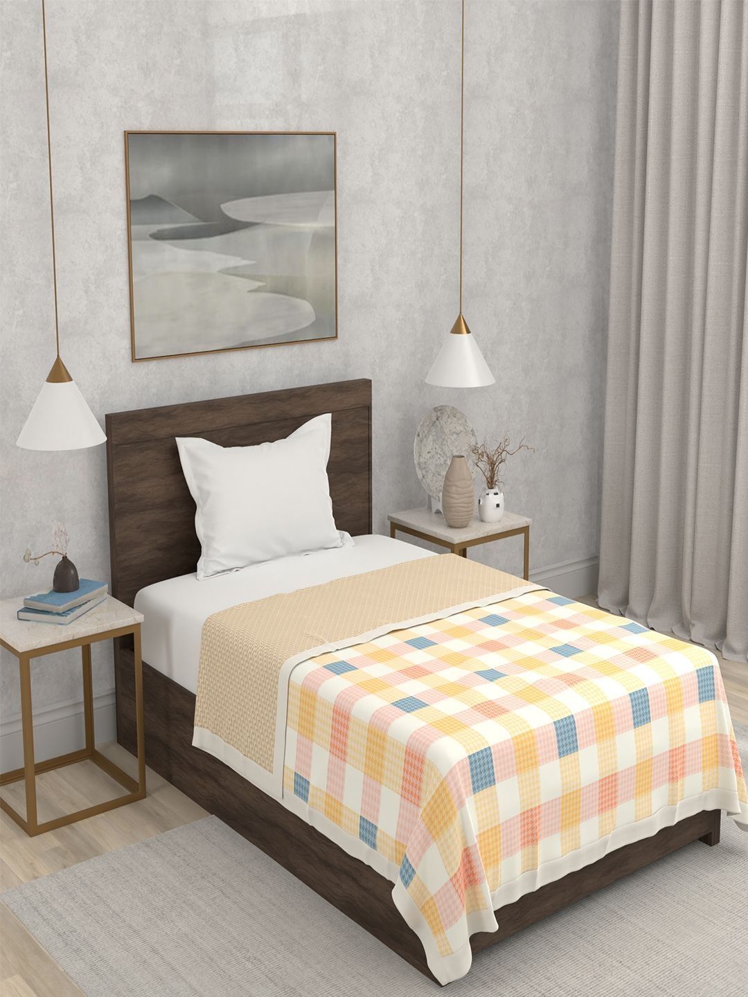 Portico Meraki 80 Gsm Pure Cotton Yellow & White Single Bed Ac Room Dohar-picture-11