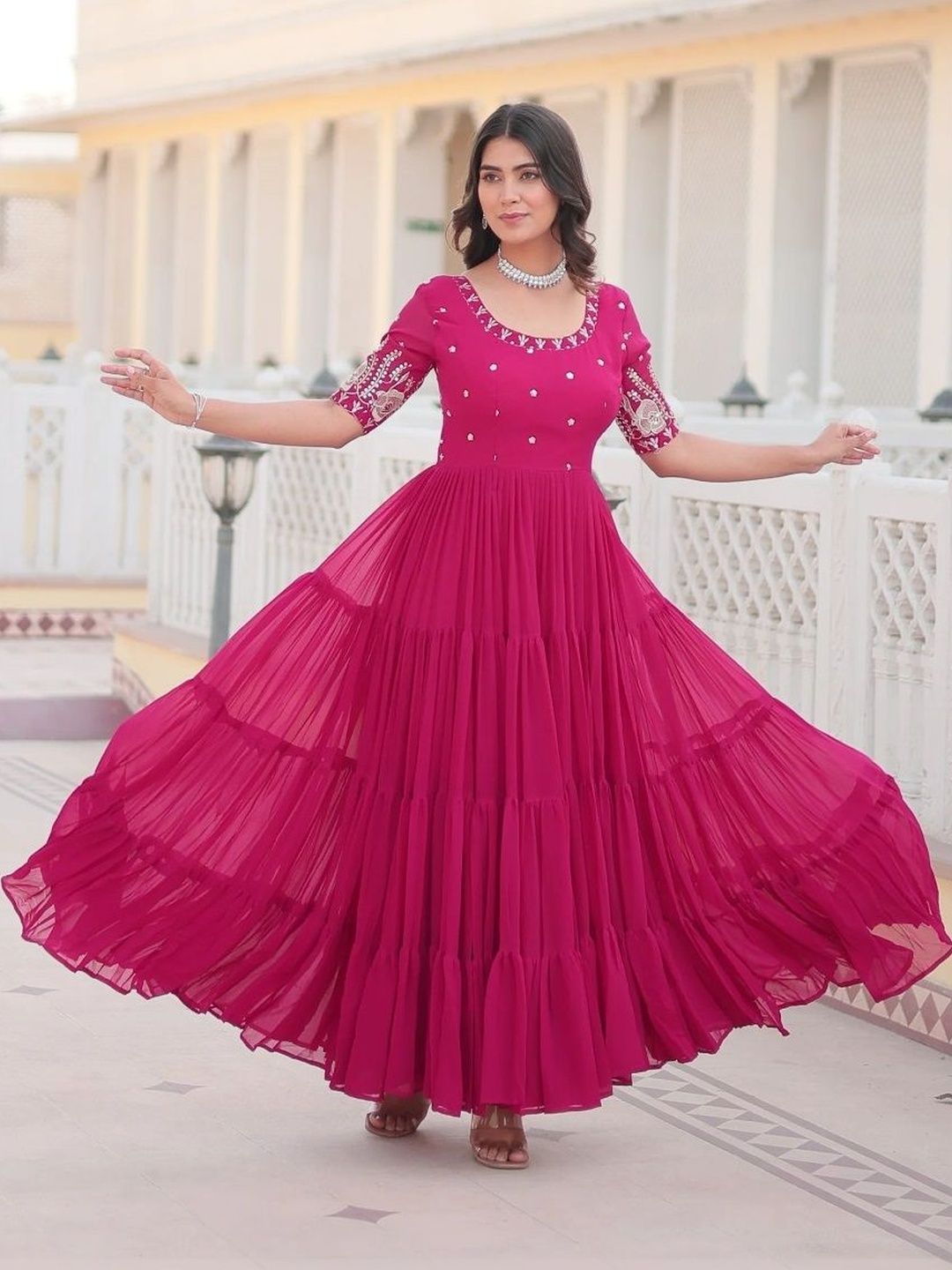 Sangria Floral Embroidered Flared Ethnic Dress-picture-38