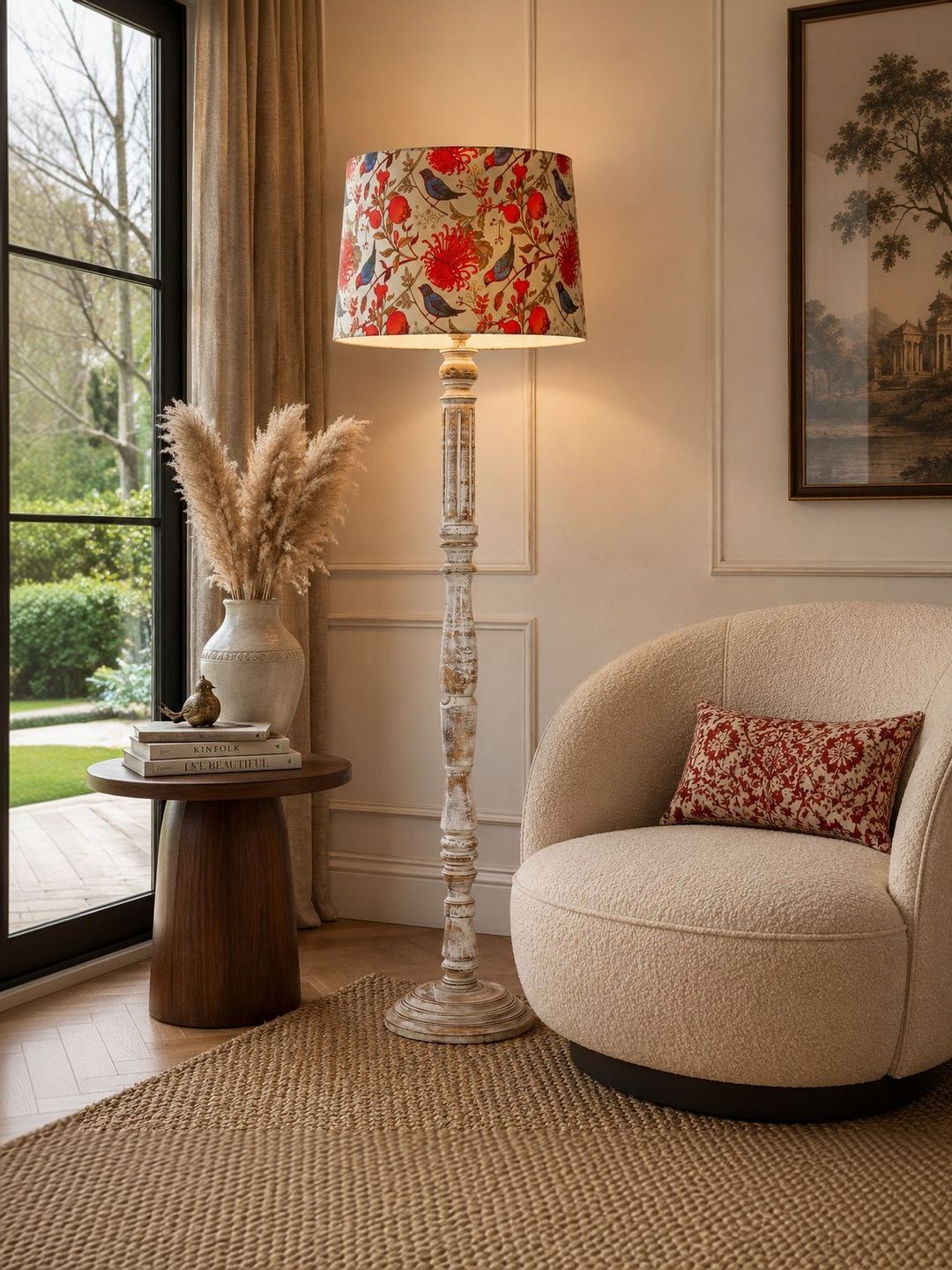 Glowhere Cream Coloured Printed Rustic Walnut Wood Floor Lamp-image-35