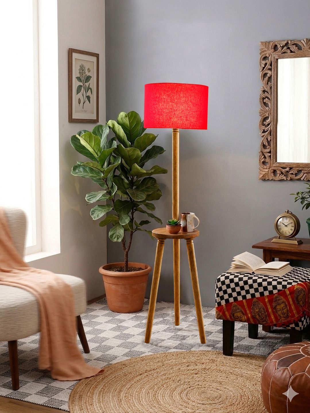 Myntra Elegant Homes Red & Beige Wooden Shelf Floor Lamp-picture-51