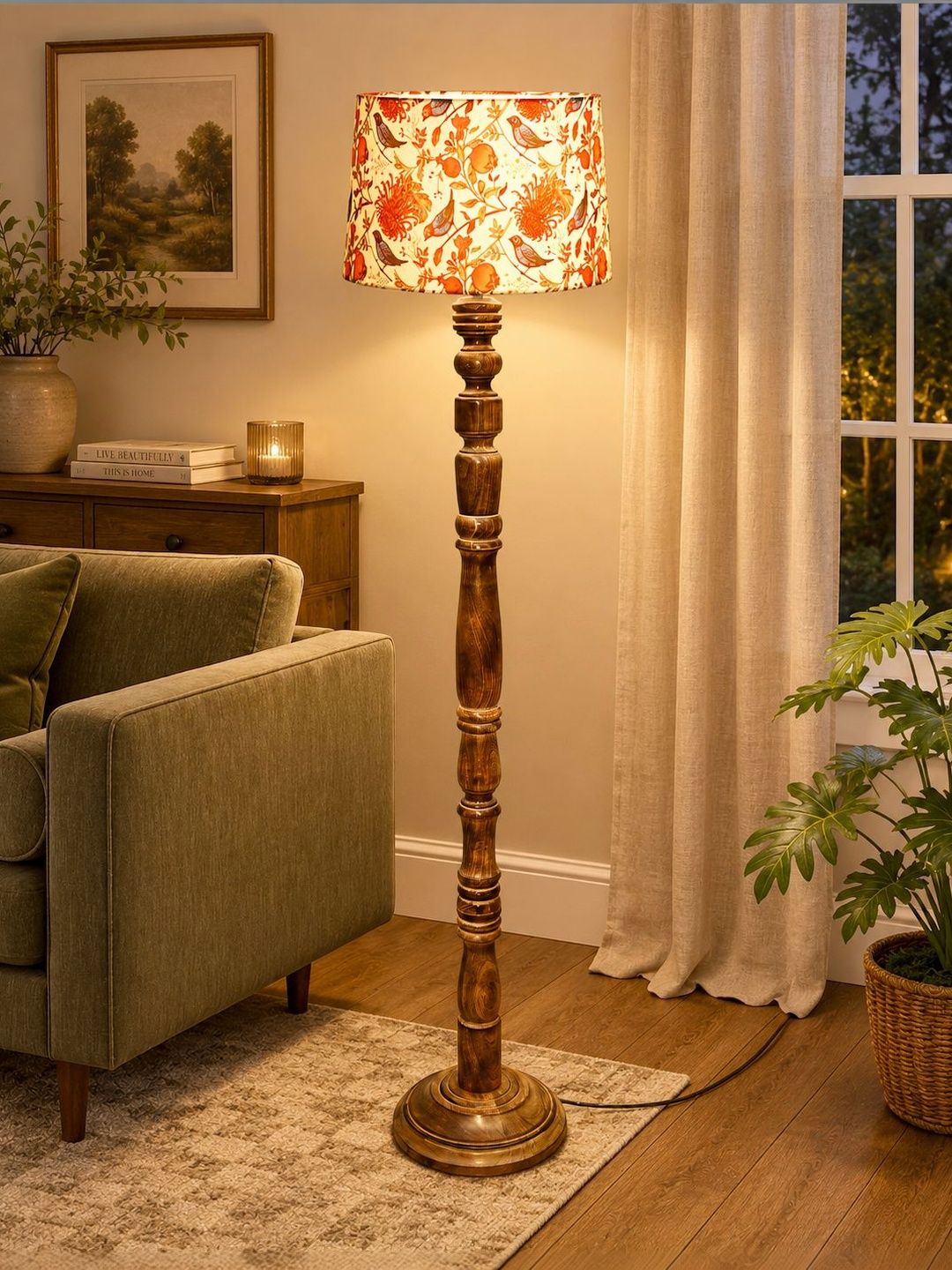 Glowhere Brown & Red Printed Wood Cylinder Floor Lamps-picture-8