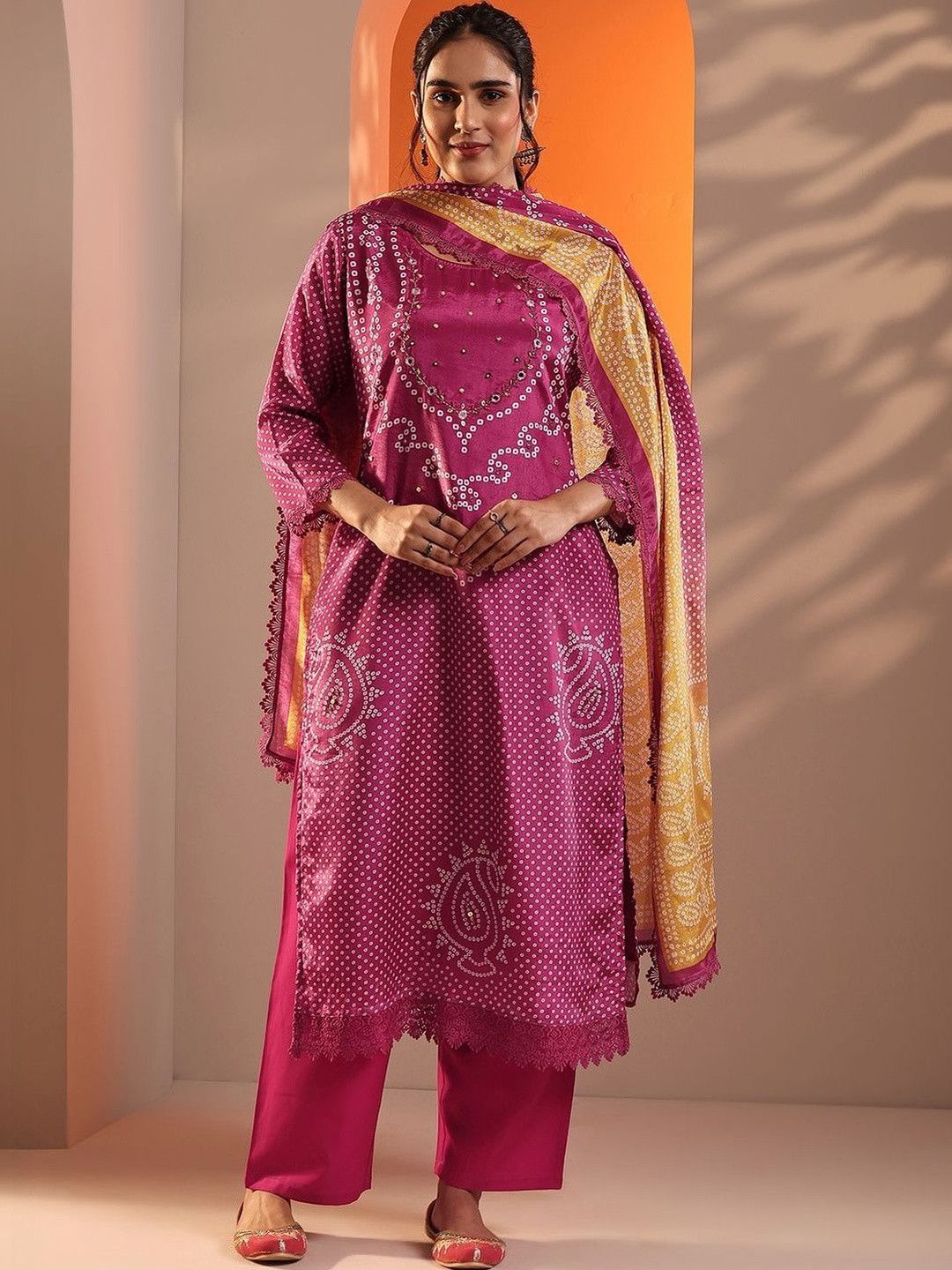 Gerua By Libas Women Bandhani Dyed Regular Thread Work Kurta with Palazzos & With Dupatta-picture-17