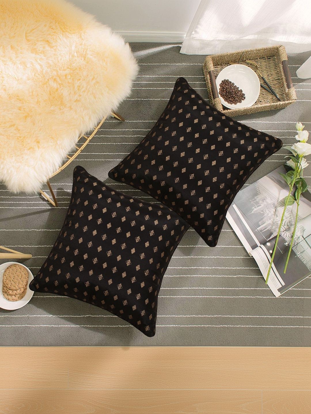 BELLA CASA Black & Gold-Toned Set of 2 Geometric Square Cushion Covers-picture-58