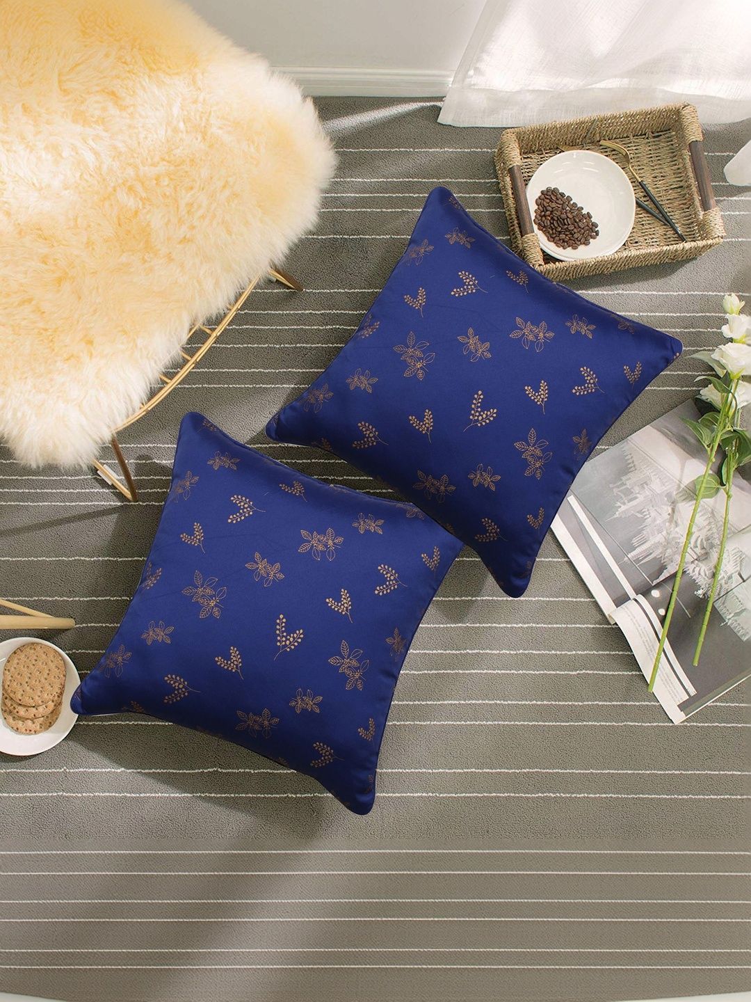 BELLA CASA Blue & Gold-Toned Set of 2 Floral Square Cushion Covers-picture-27