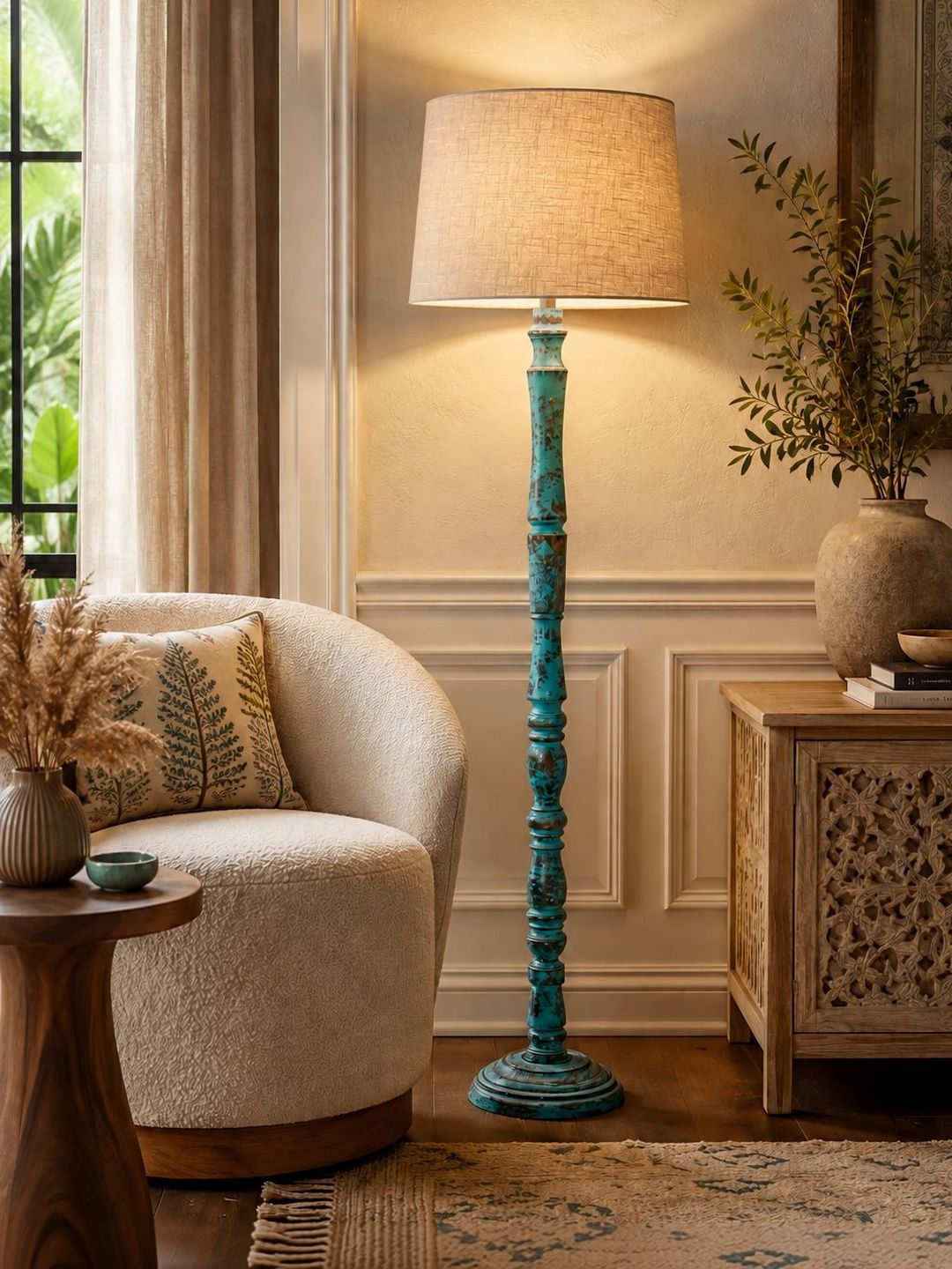 Glowhere Tuquoise Blue & Beige Wood Cylinder Floor Lamps-picture-40