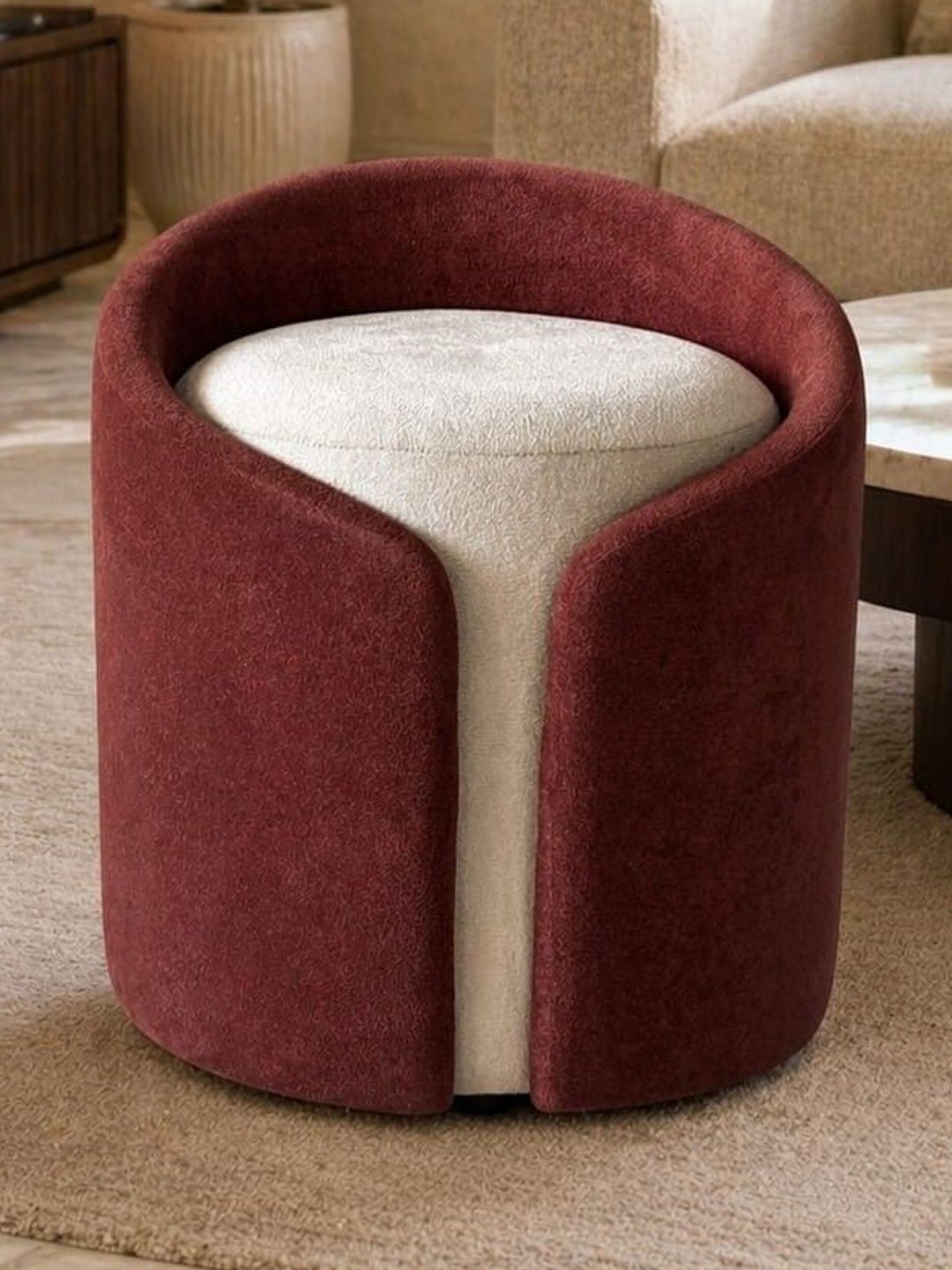 JAICO Maroon & White Two-Tone Upholstered Round Ottomans-picture-35