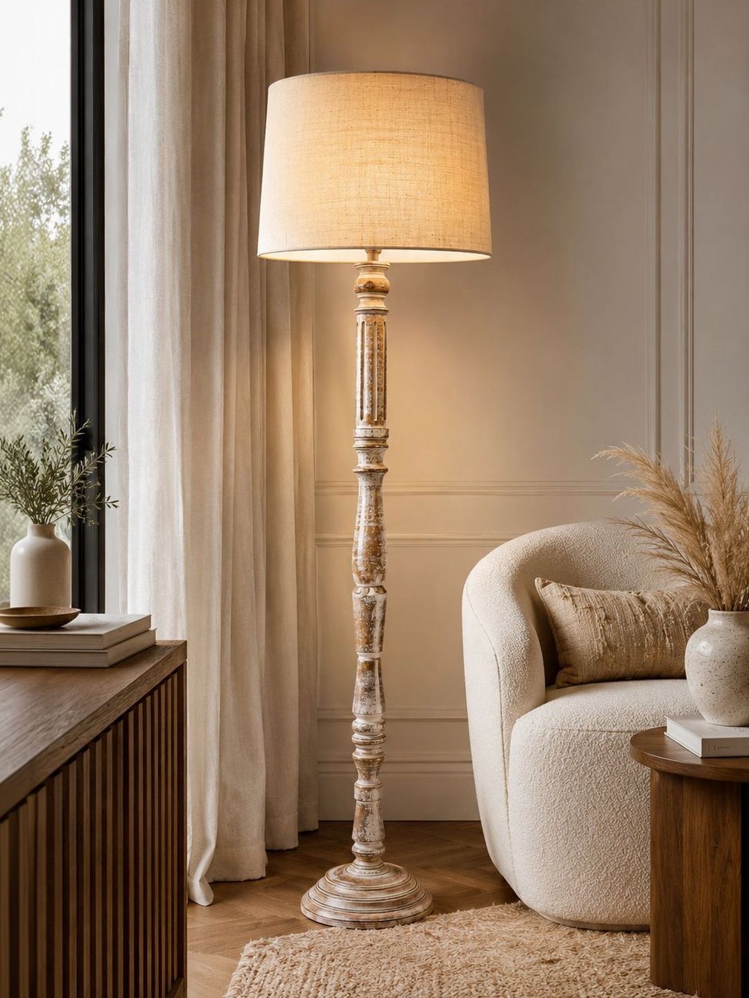 Glowhere Beige & Off White Wood Cylinder Floor Lamps-image-28