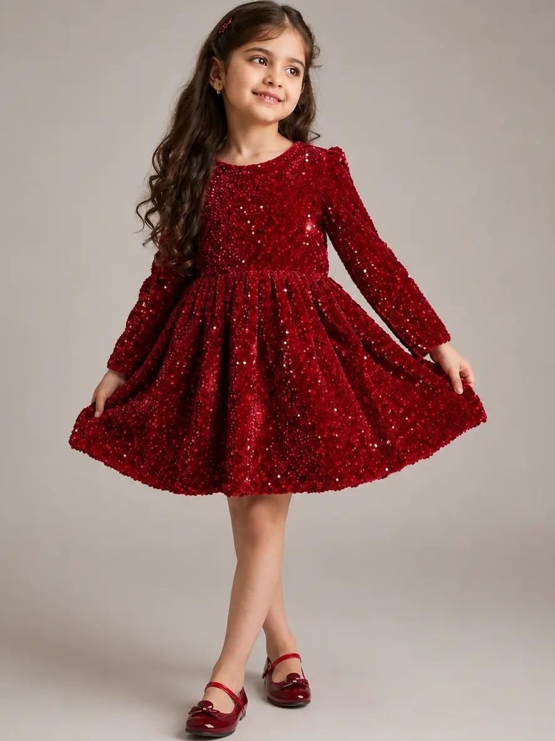 TrendyKid Embellished Puff Sleeve Velvet A-Line Dress-image-4