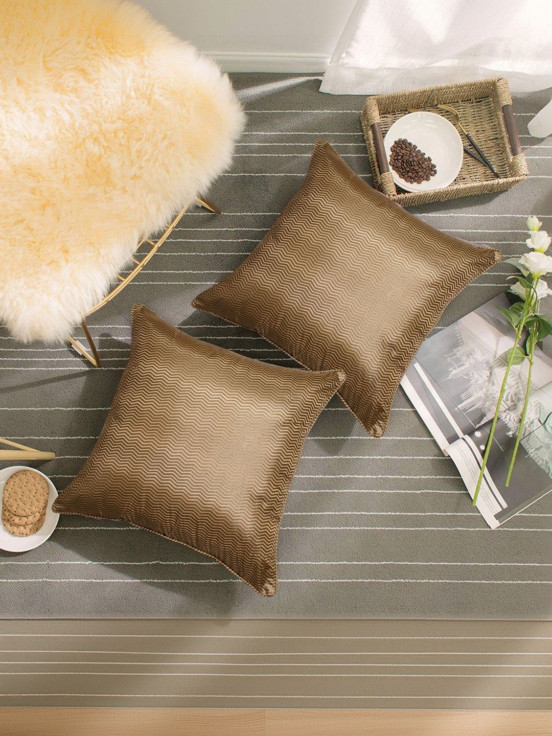 BELLA CASA Brown & Multicoloured Set of 2 Square Cushion Covers-picture-35