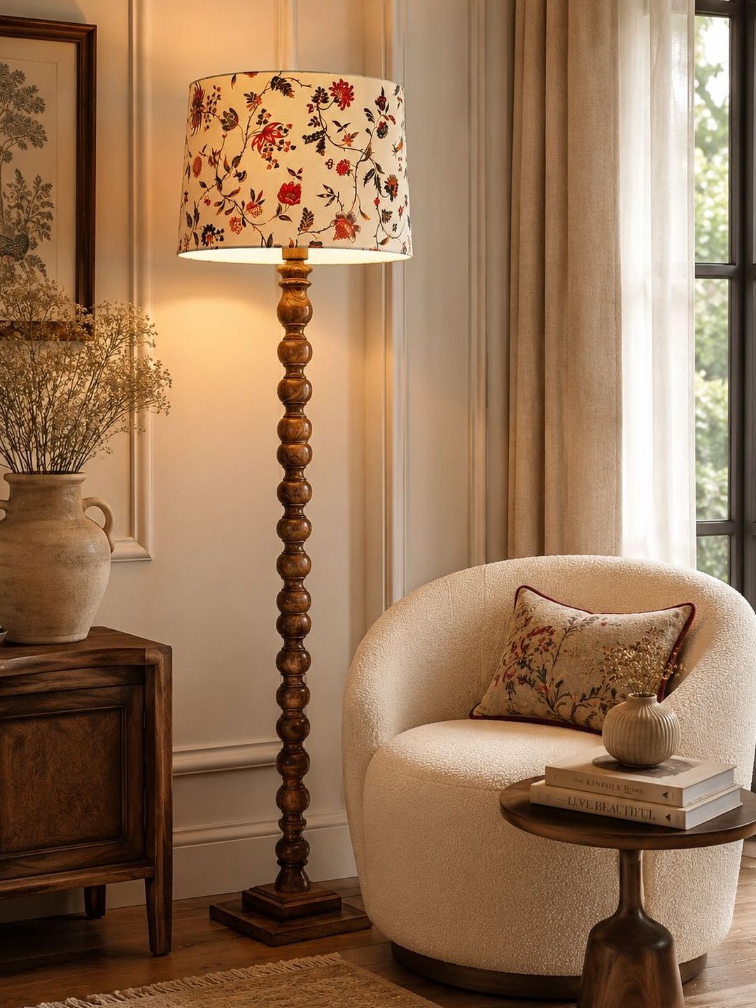 Glowhere Beige & Red Printed Wood Cylinder Floor Lamps-image-42