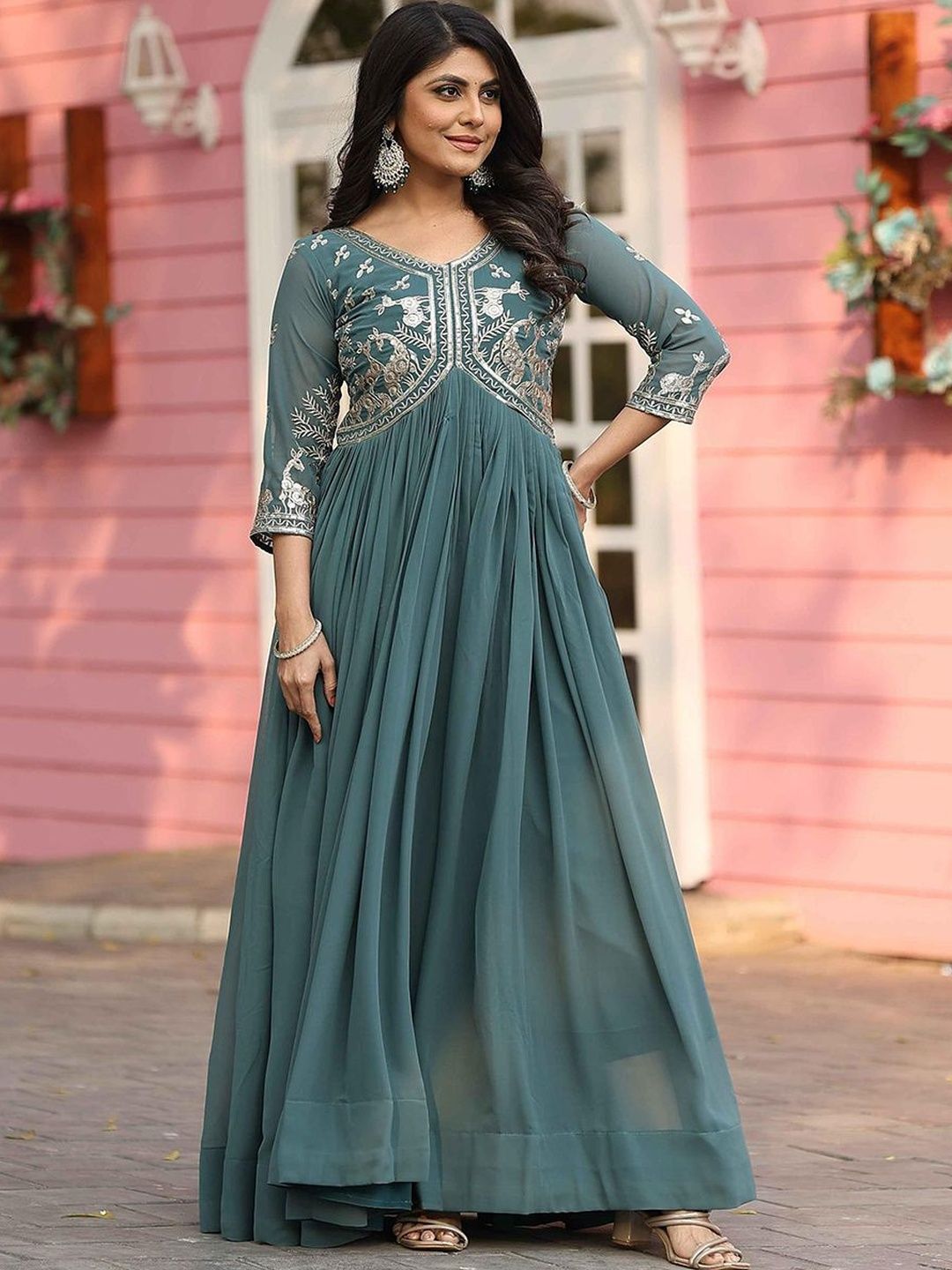 Sangria Embroidered V-Neck Fit & Flare Maxi Ethnic Dresses-image-24