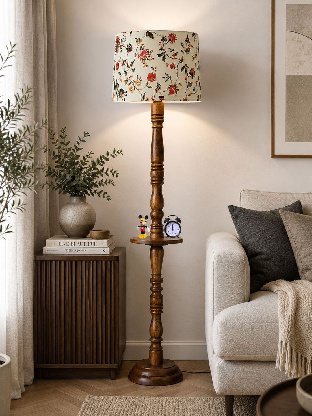 Glowhere Cream Coloured Printed Rustic Walnut Wood Floor Lamp-image-36