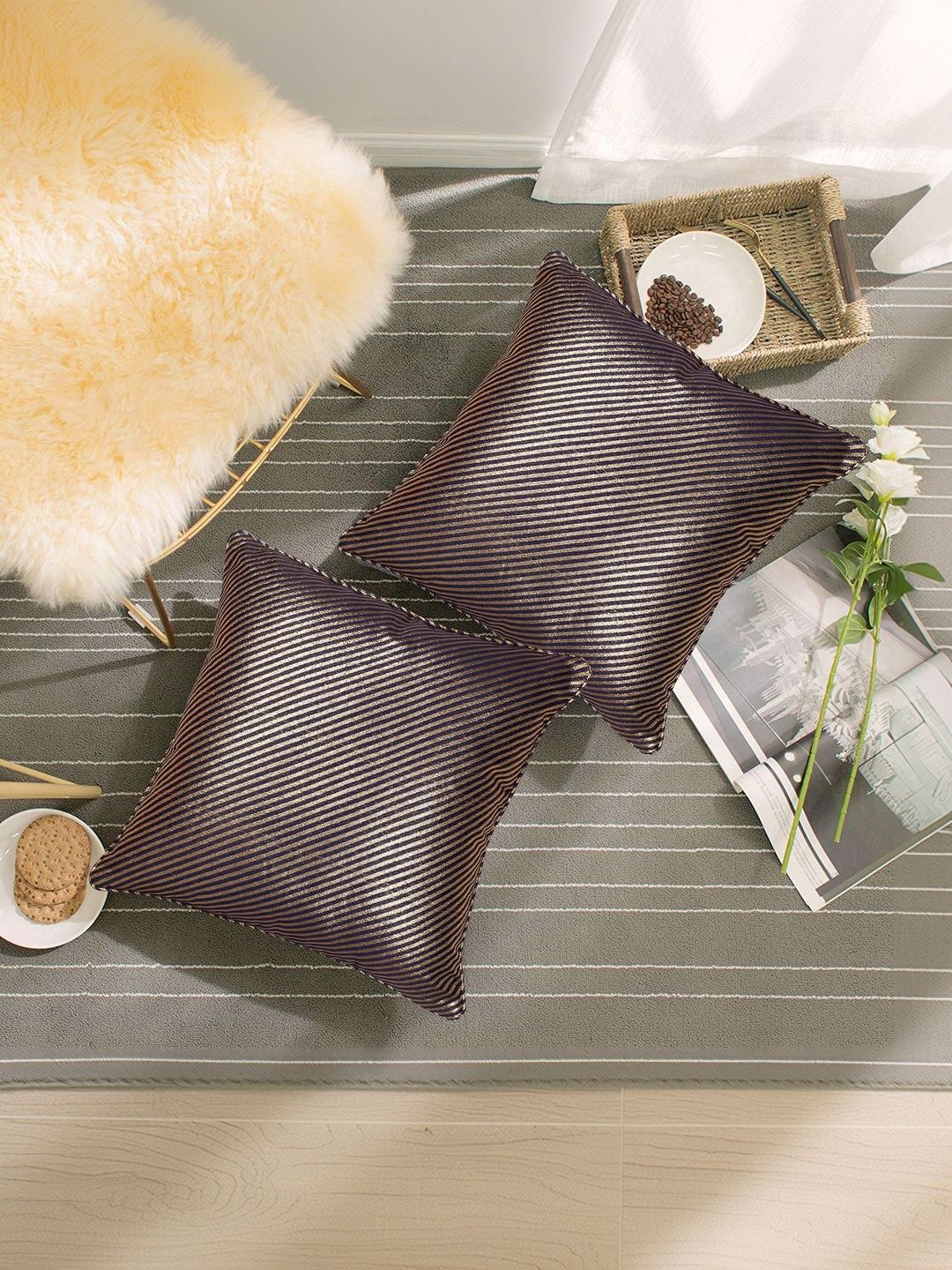BELLA CASA Brown & Gold-Toned Set of 2 Striped Square Cushion Covers-image-36