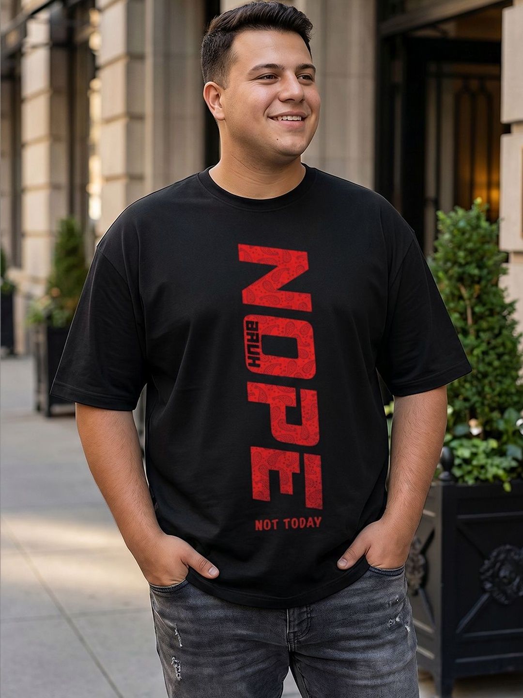 bewakoof plus Bewakoof Men Jet Black Nope Bruh Typography Oversized Plus Size T-shirt-picture-14