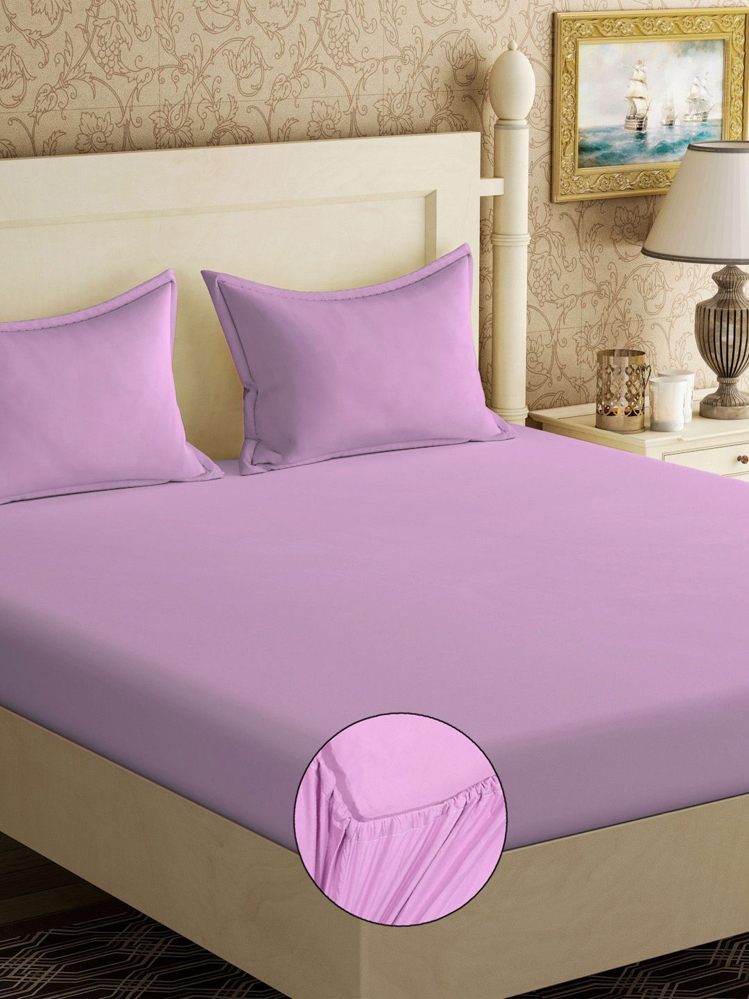 Myntra Elegant Homes Purple 300 TC Fitted King Fine Bedsheet with 2 Pillow Covers