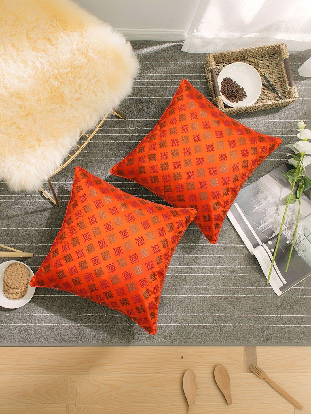 BELLA CASA Orange & Multicoloured Set of 2 Ethnic Motifs Square Cushion Covers-picture-10