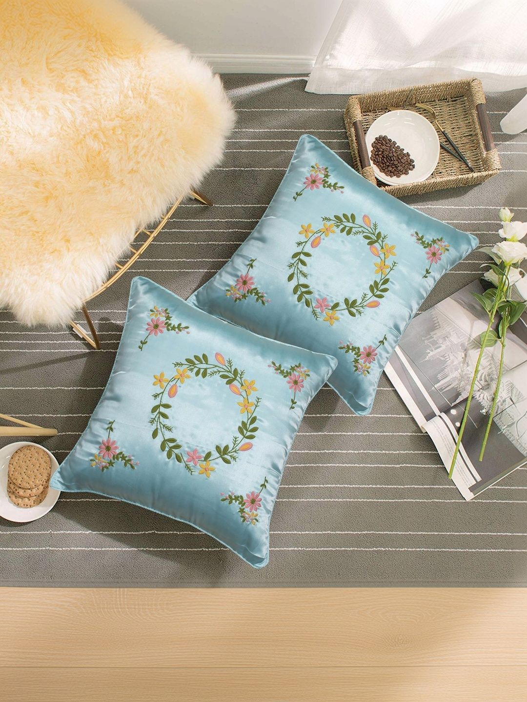 BELLA CASA Teal & Multicoloured Set of 2 Floral Square Cushion Covers-picture-31