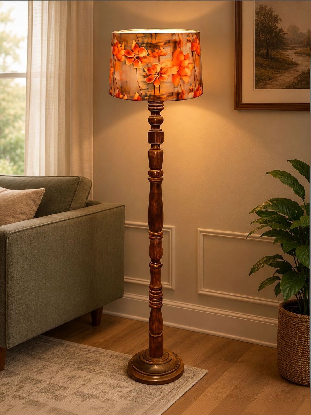 Glowhere Orange & Brown Printed Wood Cylinder Floor Lamps-image-9