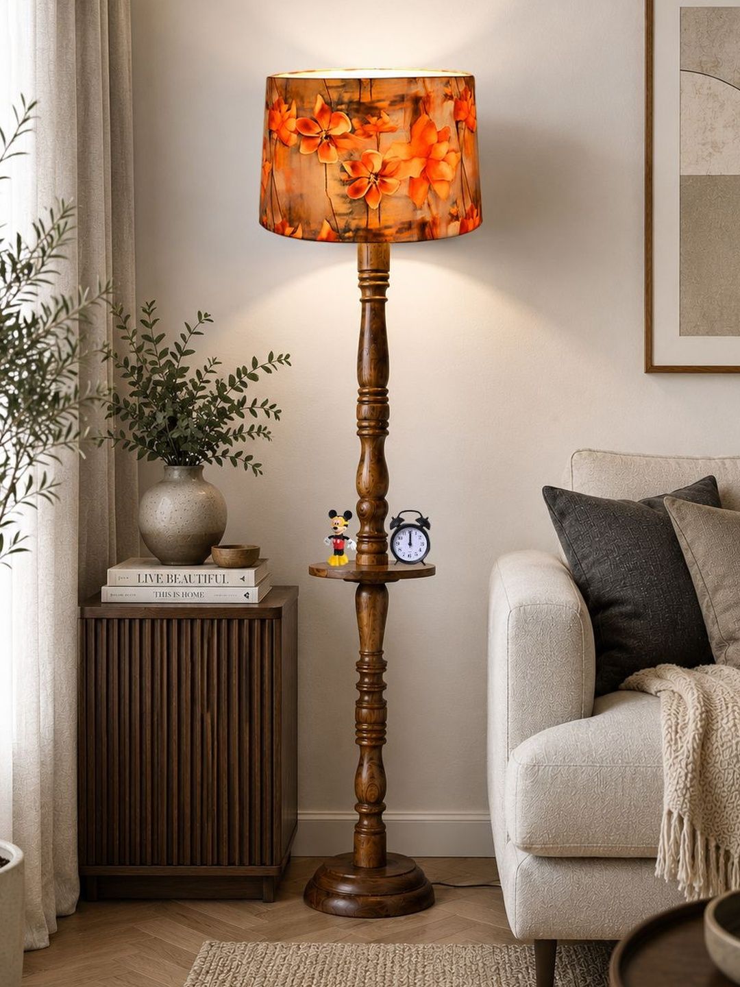 Glowhere Brown & Orange Printed Wood Cylinder Floor Lamps-picture-26