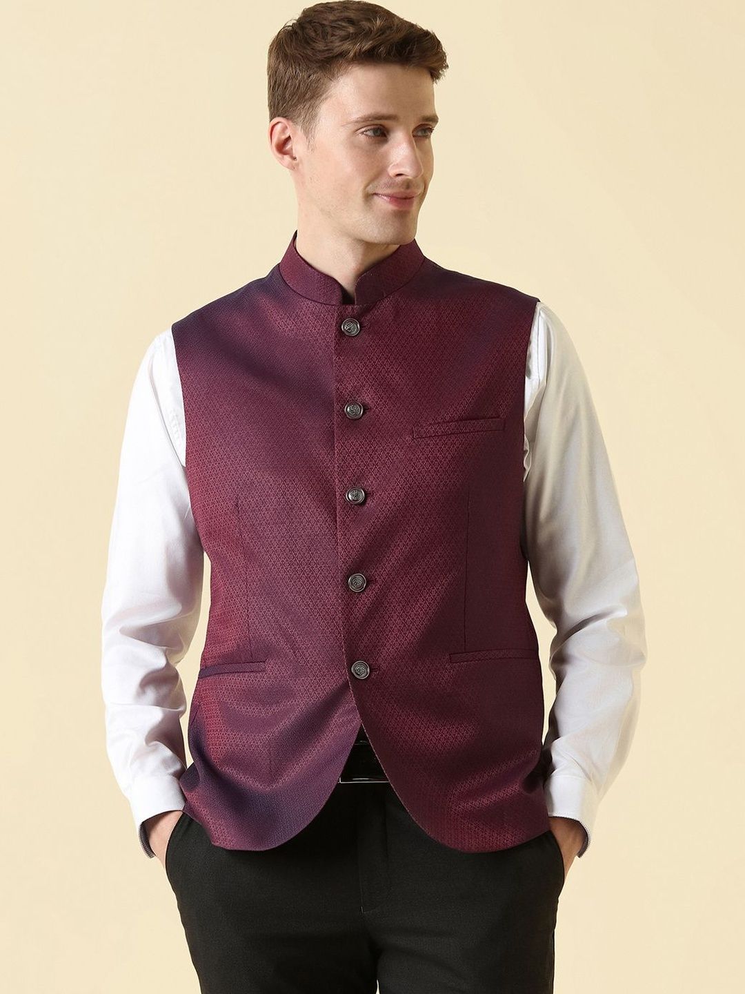 Allen Solly Textured Mandarin Collar Nehru Jackets-picture-41