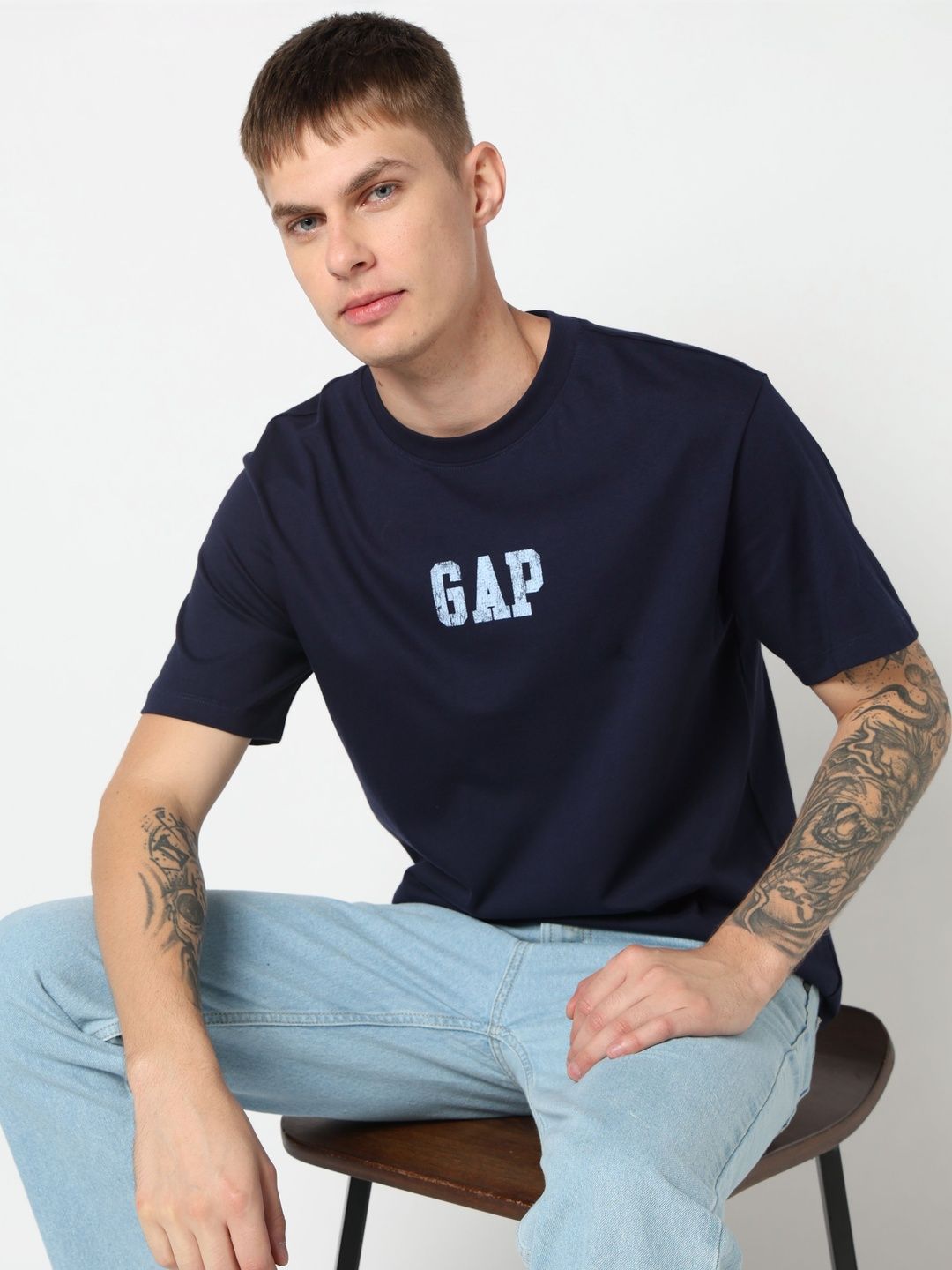 GAP Typography Printed Drop-Shoulder Sleeves Pure Cotton Relaxed Fit T-shirt-image-17