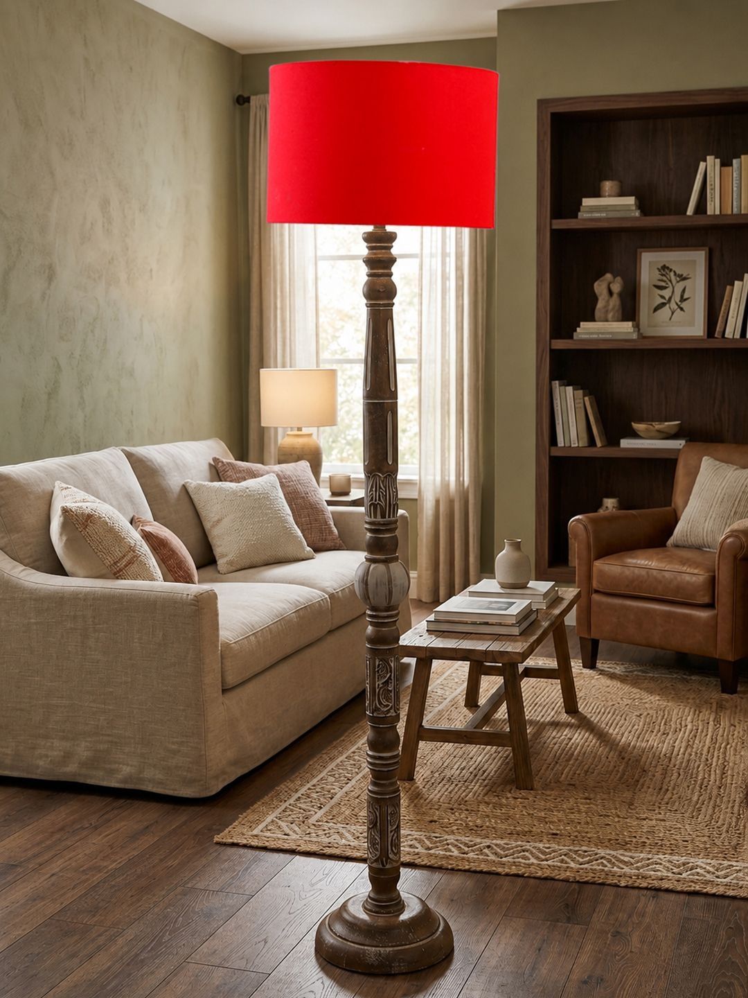 Myntra Elegant Homes Red & Brown Wooden Cylinder Shaped Floor Lamps-picture-39