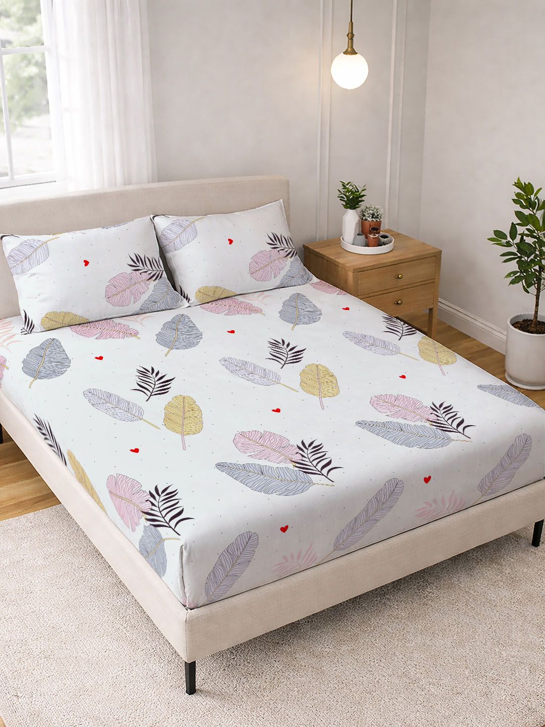 FABINALIV White Floral Pollycotton 300 TC Super King Bedsheet with 2 Pillow Covers-picture-48