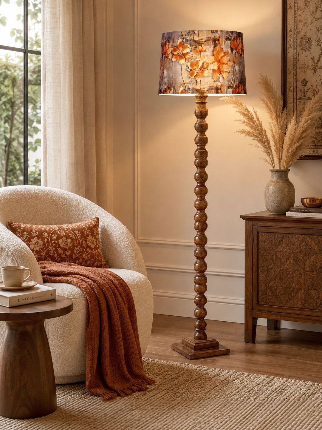 Glowhere Knott Orange & Brown Printed Wood Cylinder Floor Lamps-image-30