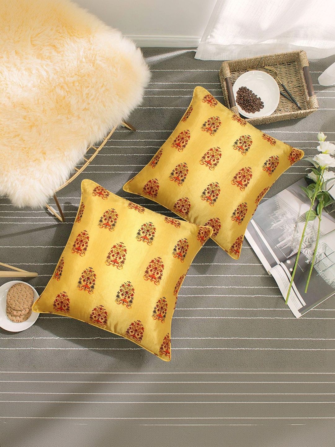 BELLA CASA Yellow & Multicoloured Set of 2 Ethnic Motifs Square Cushion Covers-picture-17