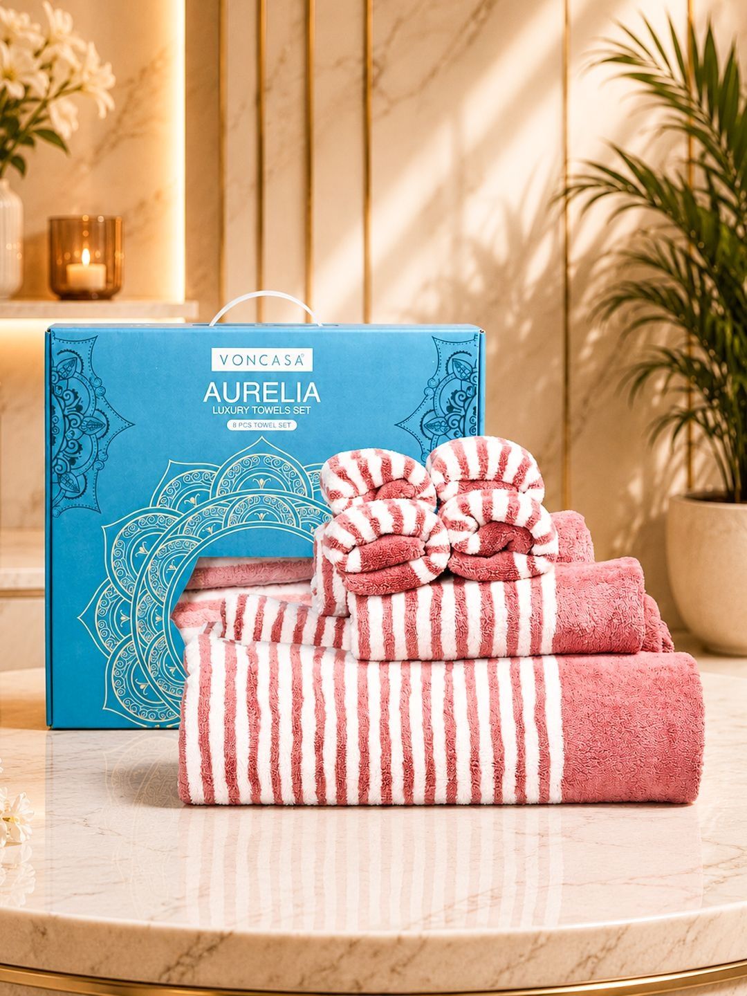 MARKET99 Set of 8 Pink & White Striped 290 GSM Microfiber Towels-image-17