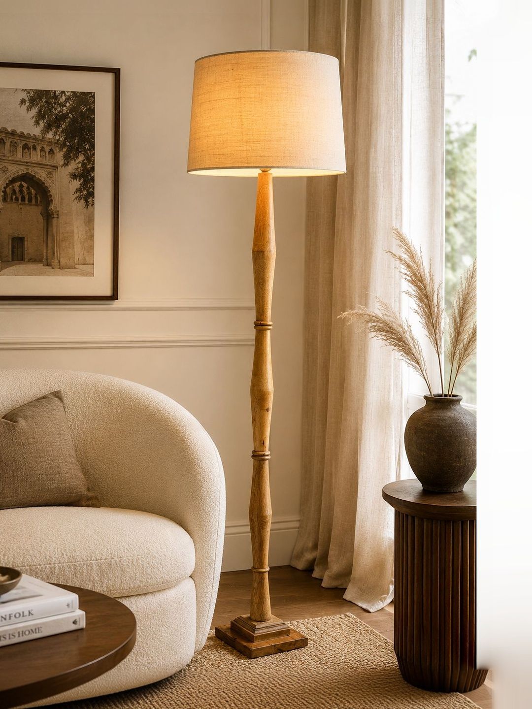 Glowhere Brown & Off White Wood Cylinder Floor Lamps-picture-23