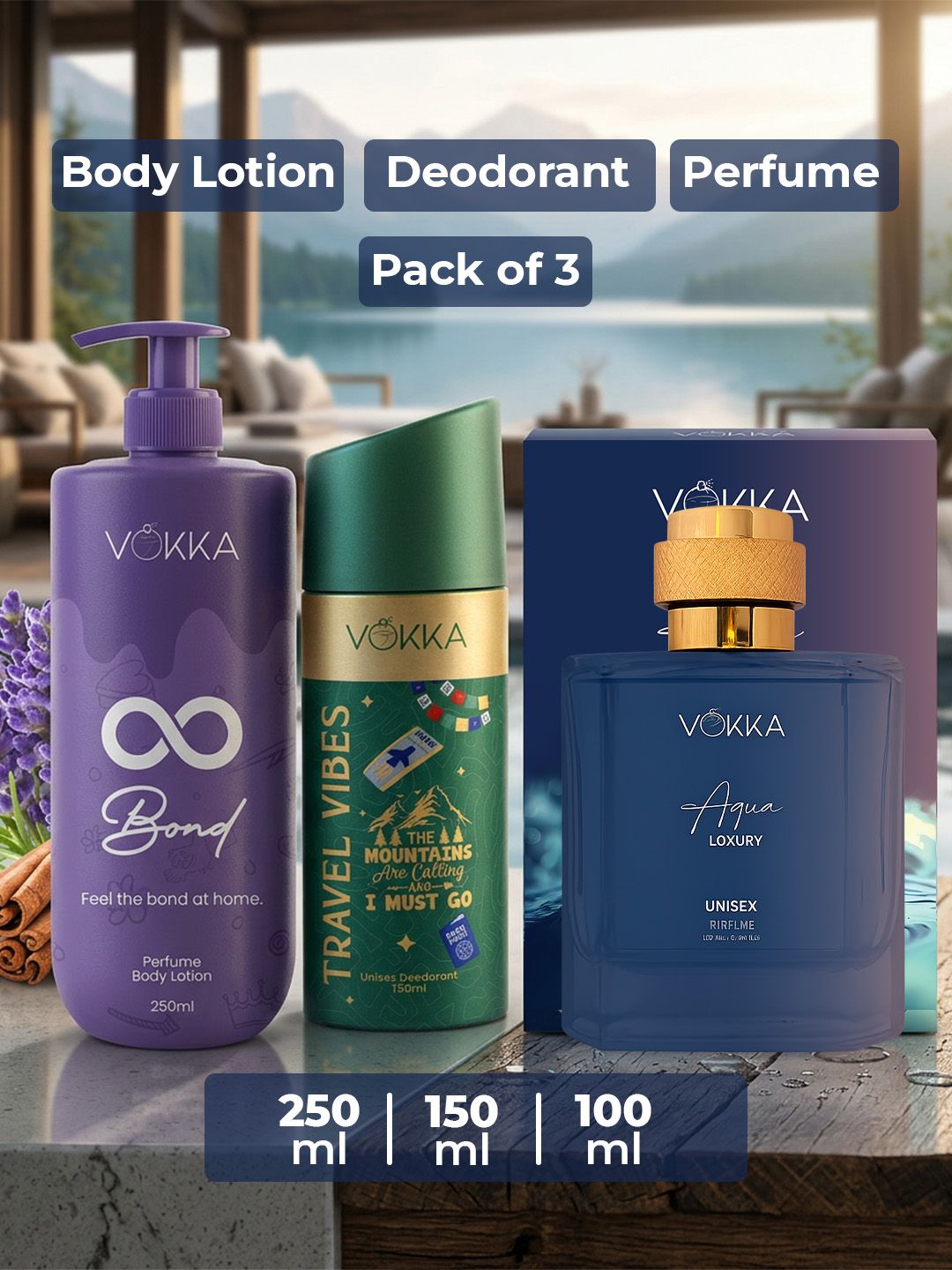 VOKKA Set Of 3 Travel Vibes Deo -150 ml Aqua Perfume -100 ml & Bond Body Lotion -250 ml-image-42