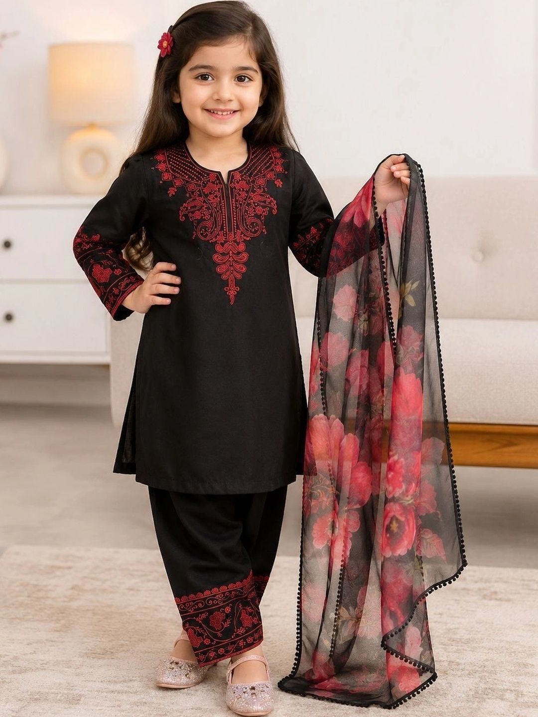 Sangria Girls Ethnic Motifs Embroidered Regular Thread Work Kurta with Palazzos & With Dupatta-picture-53