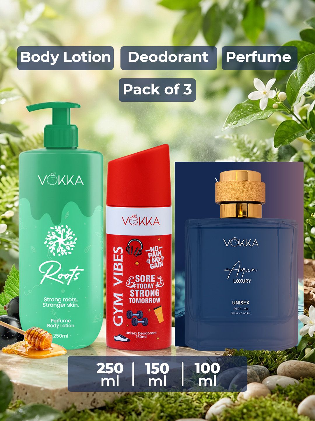 VOKKA Set Of 3 Gym Vibes Deodorant -150ml Aqua Perfume -100ml & Roots Body Lotion -250ml-image-35