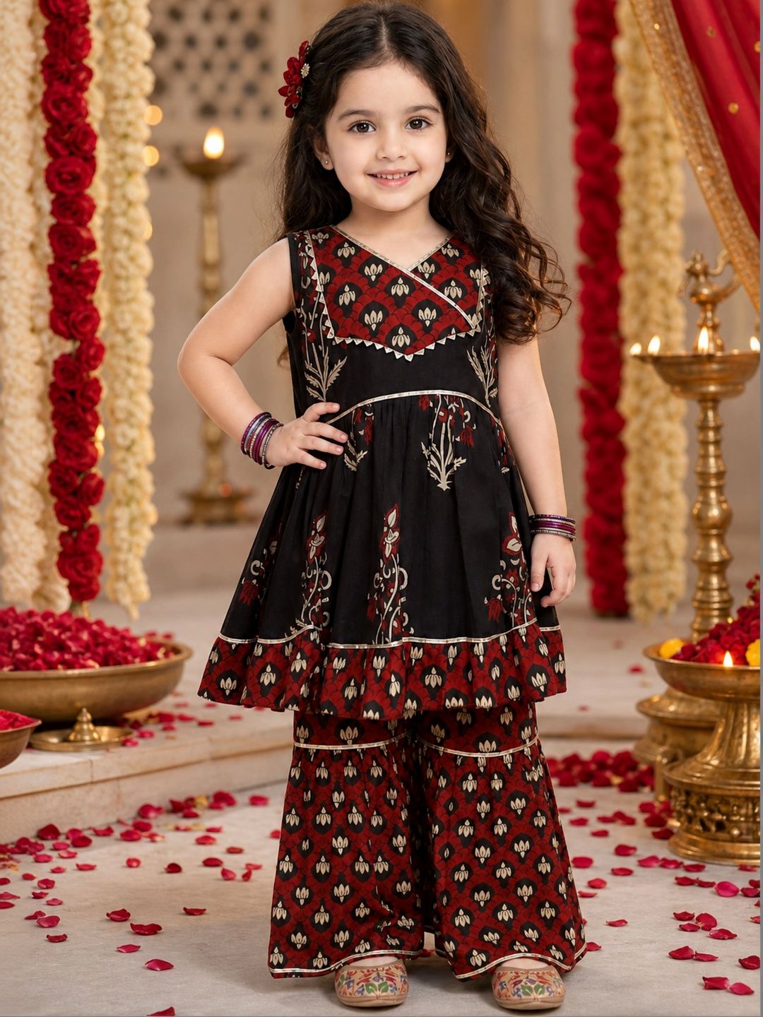 Titrit Girls Ethnic Motifs Printed Angrakha Pure Cotton Kurta with Sharara-picture-17
