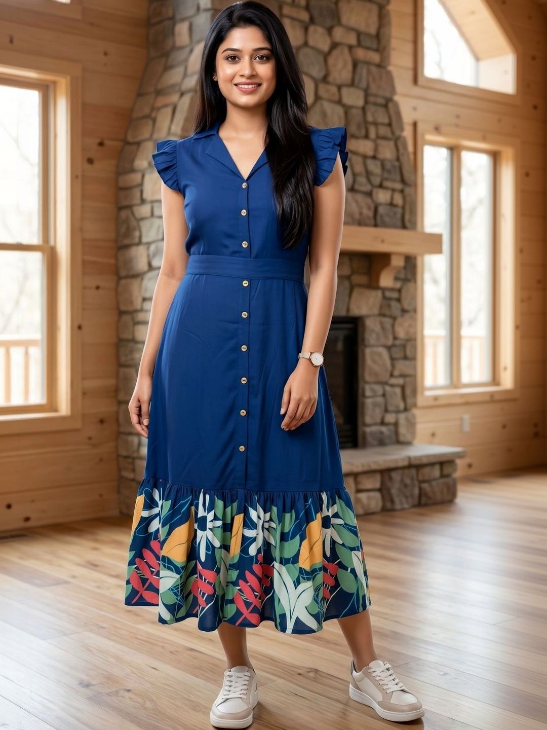 Ethniclook Tropical Colourblocked Flutter Sleeve Ruffled A-Line Midi Dress-image-15