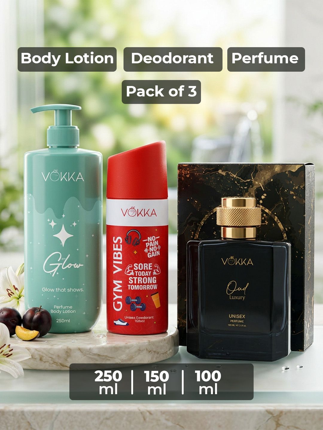 VOKKA Set Of 3 Gym Vibes Deodorant 150 ml Oud Perfume 100 ml & Glow Body Lotion 250 ml-image-35