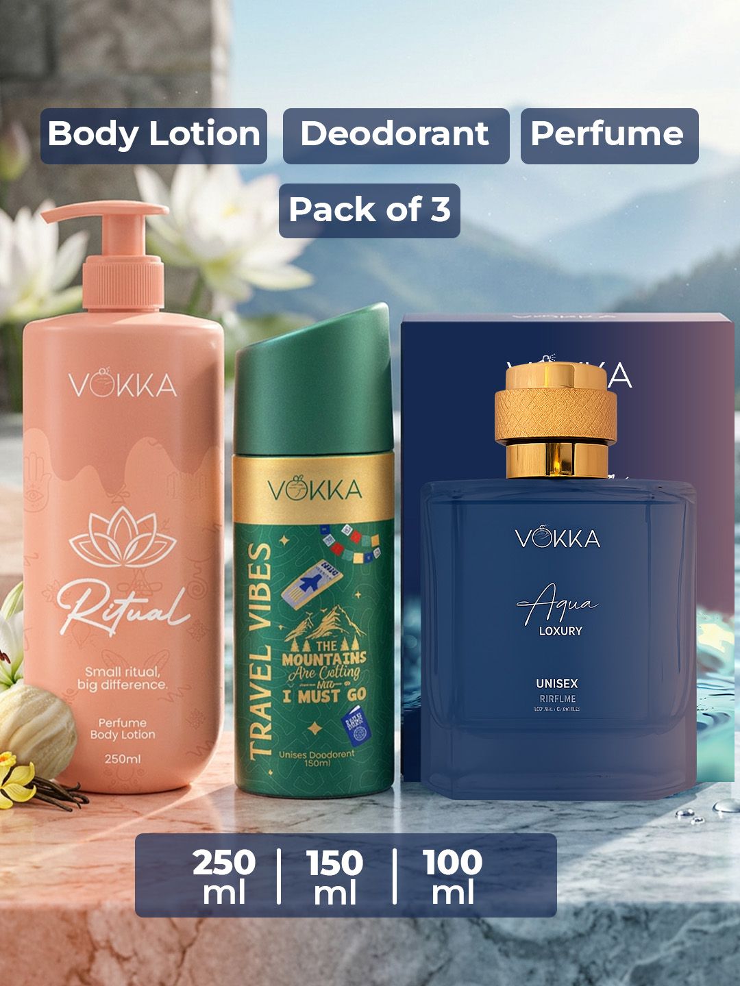 VOKKA Set Of 3 Travel Vibes Deo -150 ml Aqua Perfume -100 ml & Ritual Body Lotion- 250 ml-image-37