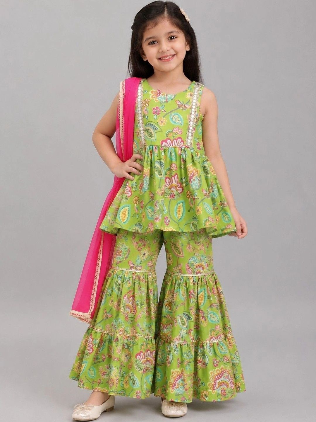 Sangria Girls Floral Printed Empire Gotta Patti Kurta with Sharara & With Dupatta-image-42