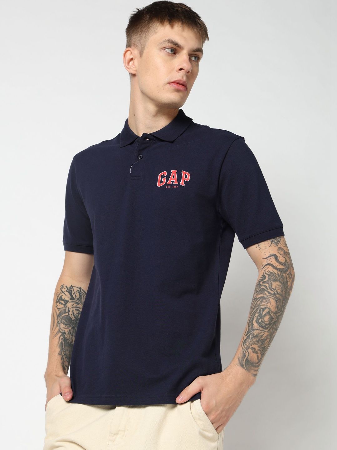 GAP Brand Logo Printed Polo Collar Pure Cotton Slim Fit T-shirt-image-18