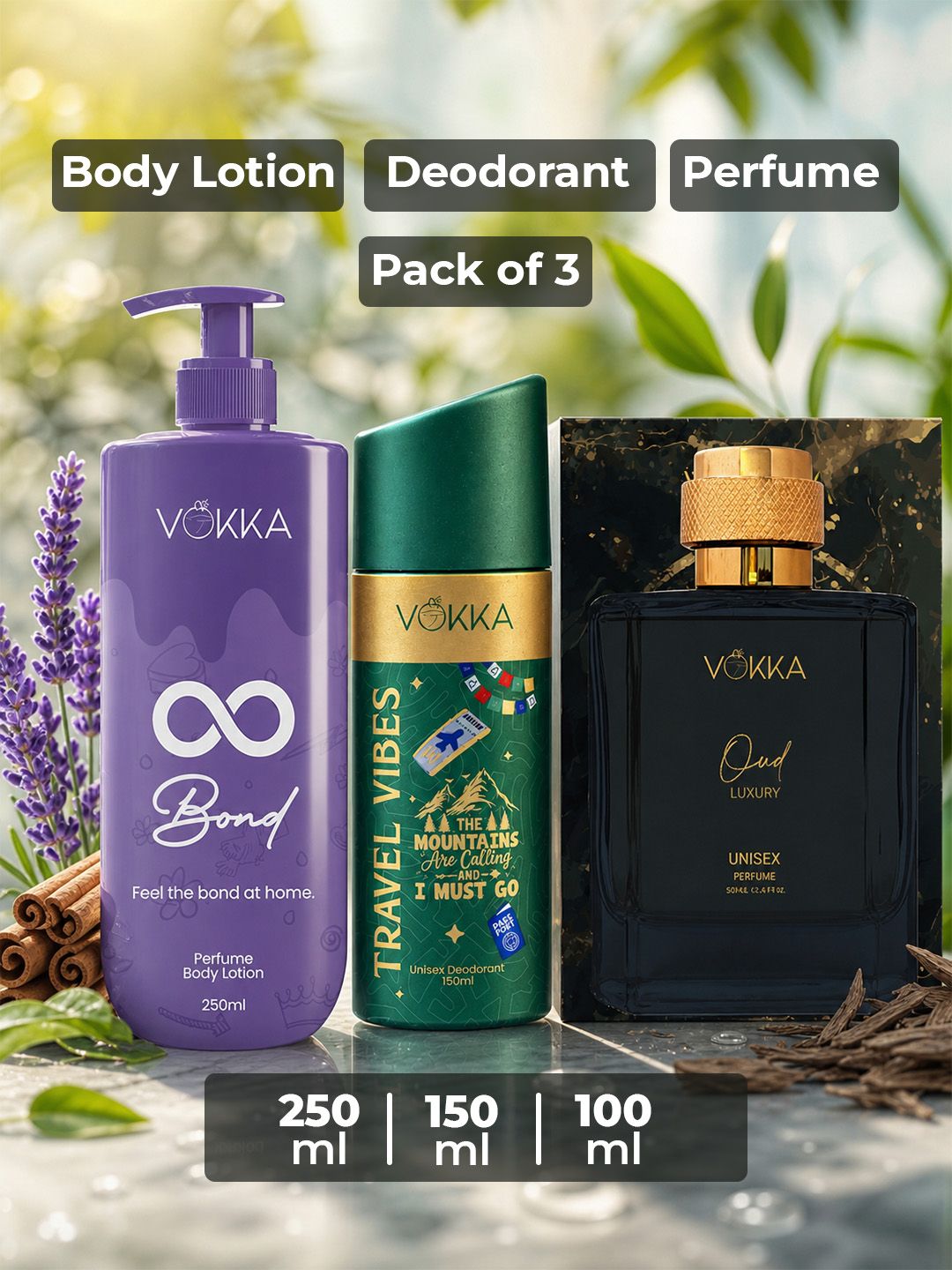 VOKKA Set Of 3 Travel Vibes Deo 150 ml, Oud Perfume 100 ml & Bond Body Lotion 250 ml-image-32