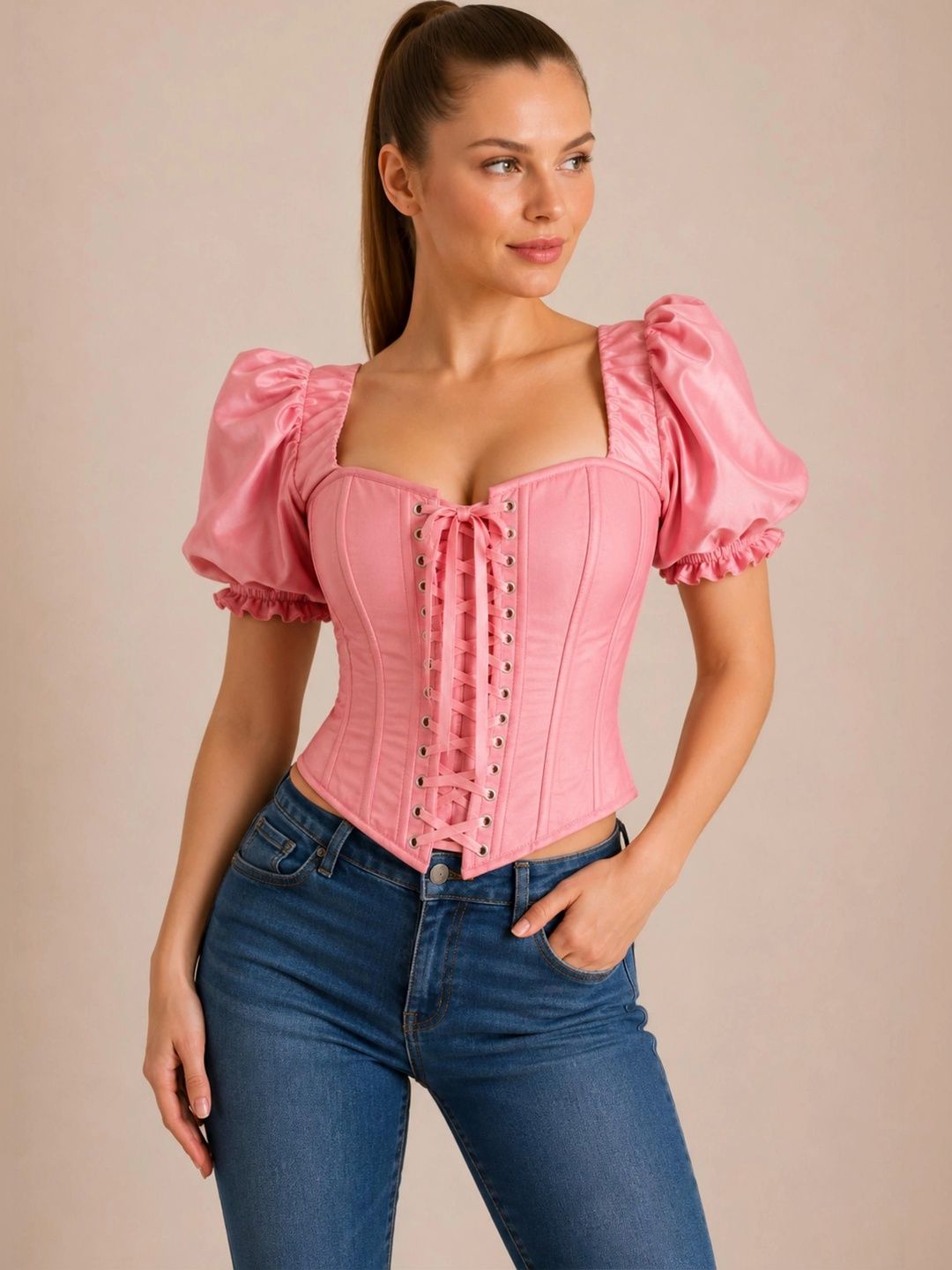 CORSETVOGUE Square Neck Puff Sleeve Corset Top-picture-16