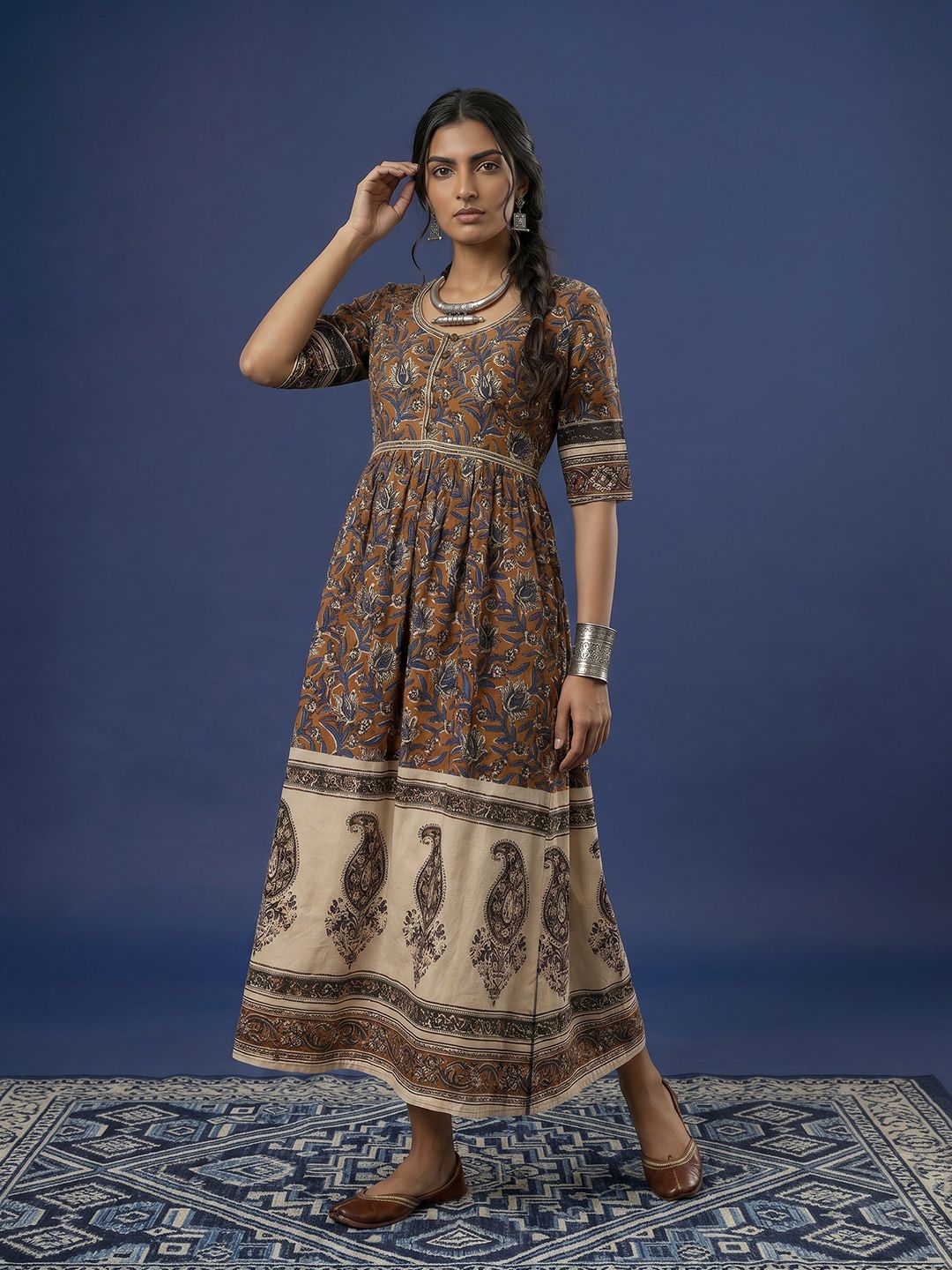 Taavi Kalamkari Printed Pure Cotton Fit & Flare Midi Ethnic Dress-image-31