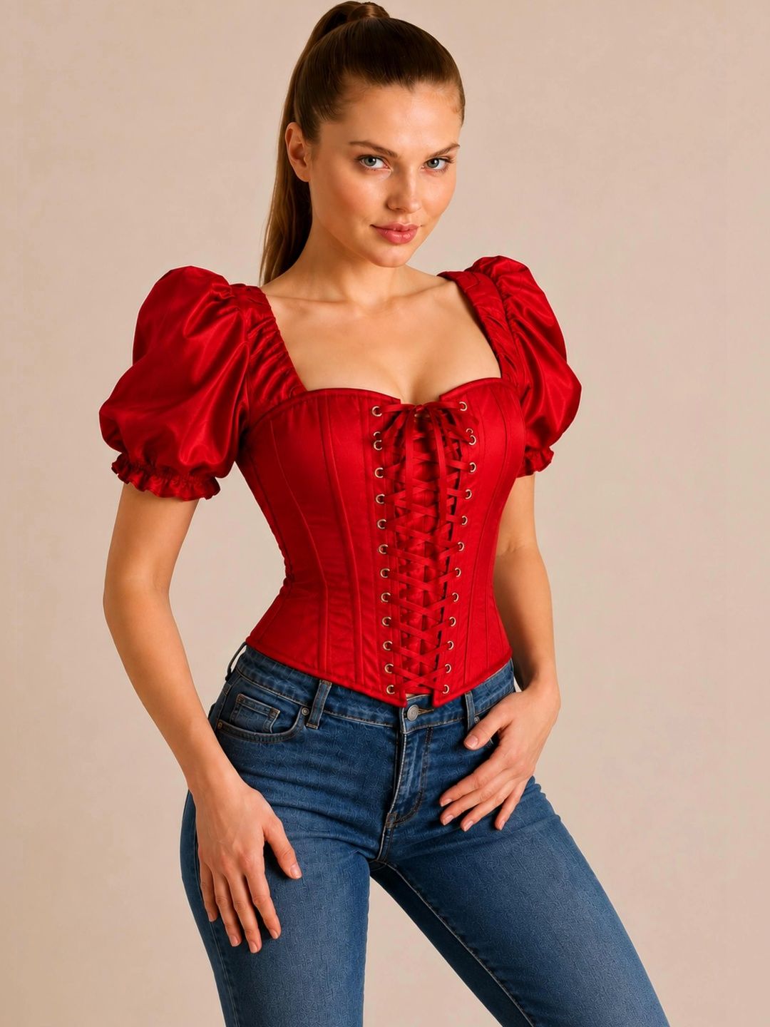 CORSETVOGUE Square Neck Puff Sleeve Corset Top-picture-38