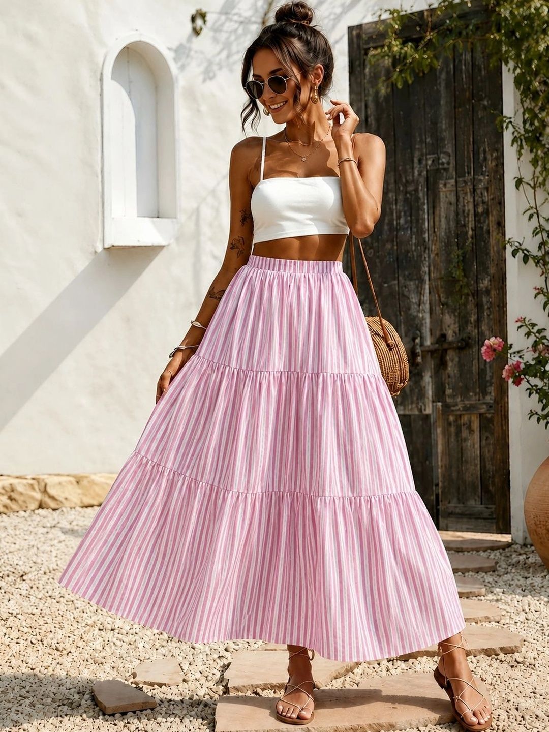 CORSICA Women Crepe Striped Tiered Maxi Tiered Skirt-picture-34
