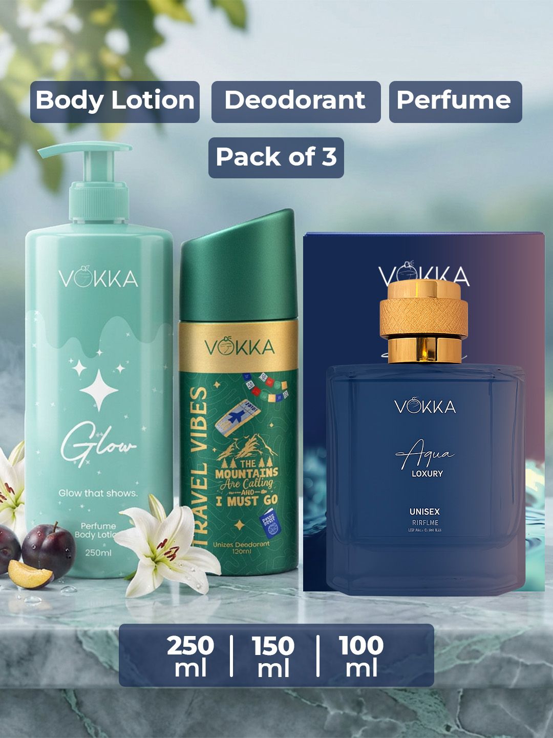 VOKKA Set Of 3 Travel Vibes Deo 150 ml Aqua Perfume 100 ml & Glow Body Lotion 250 ml-image-40