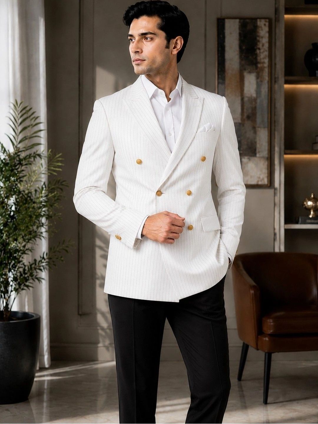 SOURAGYA Striped Notched Lapel Double-Breasted Tailored Fit Blazers-picture-57