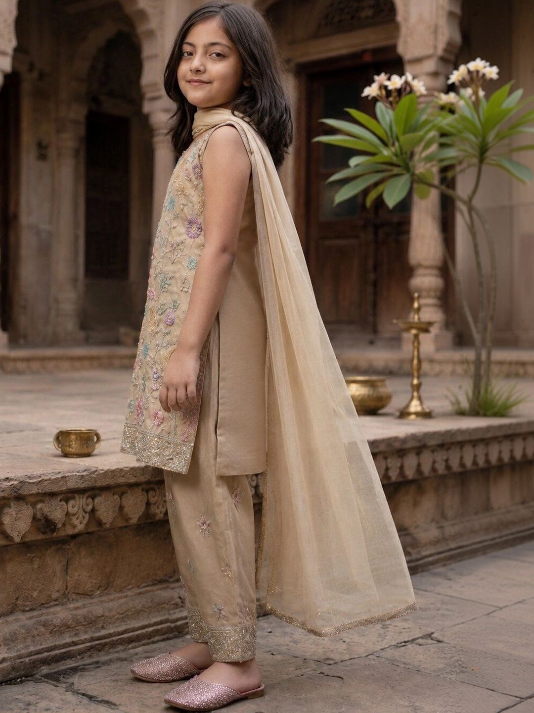 Sangria Girls Floral Embroidered Regular Thread Work Kurta with Trousers & With Dupatta-image-38