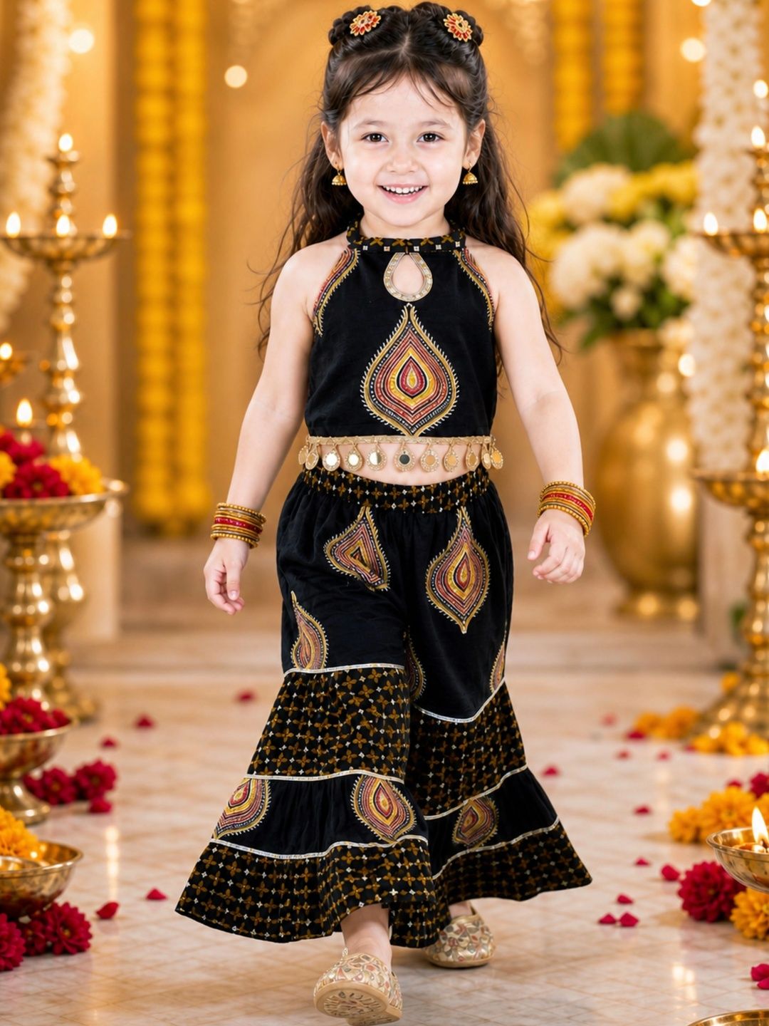 Titrit Girls Ethnic Motifs Printed Regular Pure Cotton Top with Sharara-picture-11